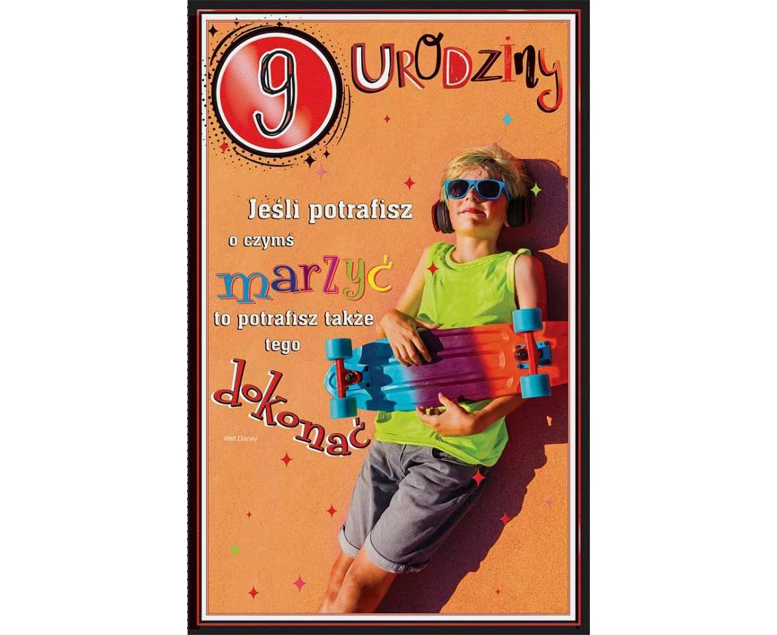 Birthday Card 9th Birthday, Boy with skateboard, 13x20,5 cm